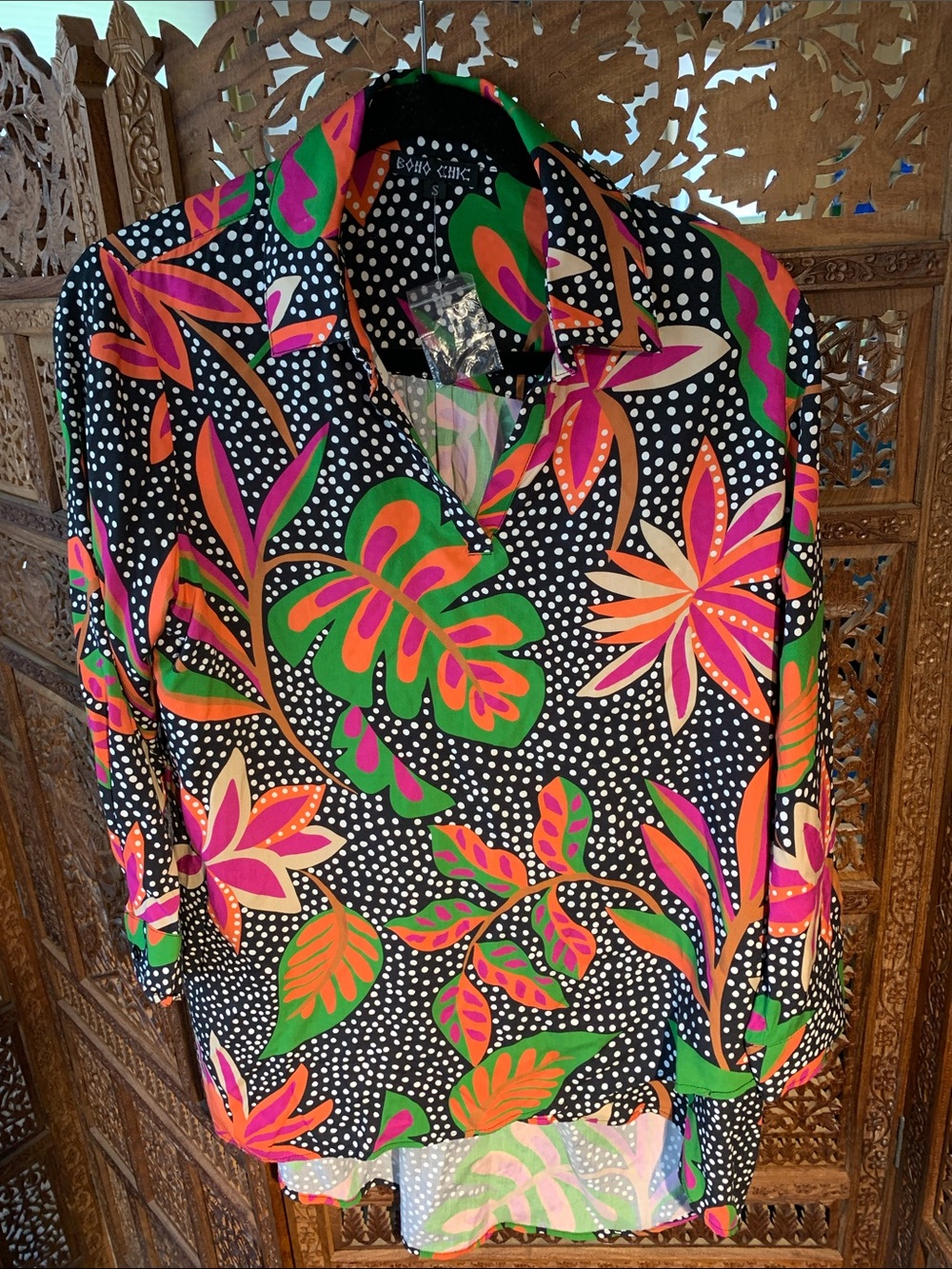 Boho Chic New Black Tropical Dot Print Blouse